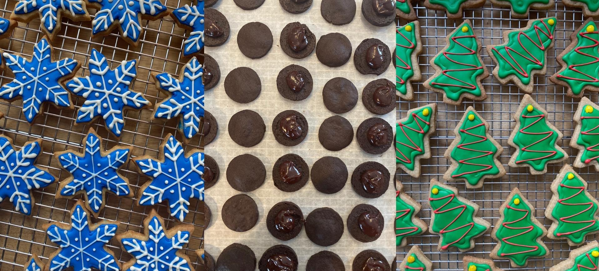 Laura's holiday cookies -- Blue snowflakes, chocolate cookies, and Christmas trees