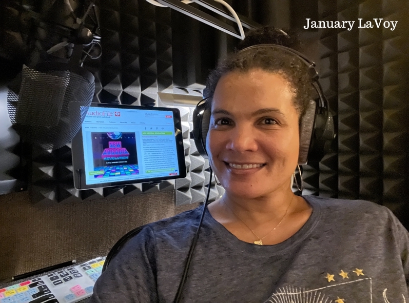 Narrator January LaVoy in the recording studio