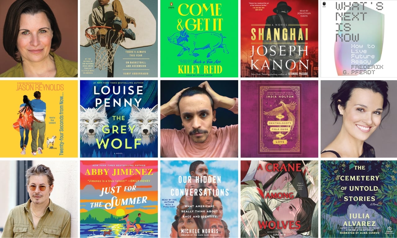 Collage of audiobook covers and narrators of Best Audiobooks 2024